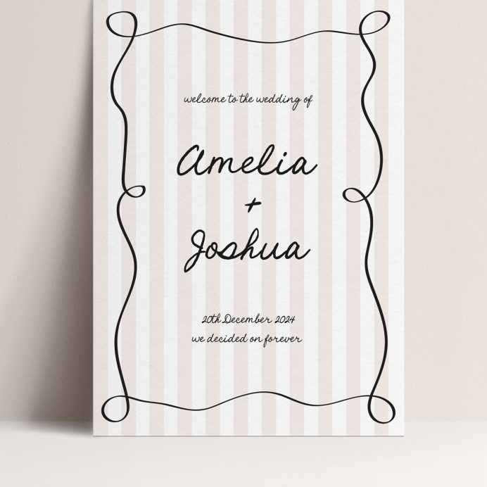 Tonal stripe wedding welcome sign with squiggly hand drawn border