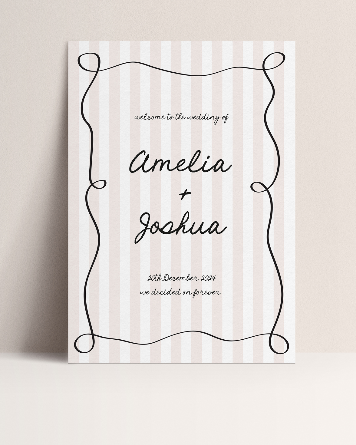 Tonal stripe wedding welcome sign with squiggly hand drawn border