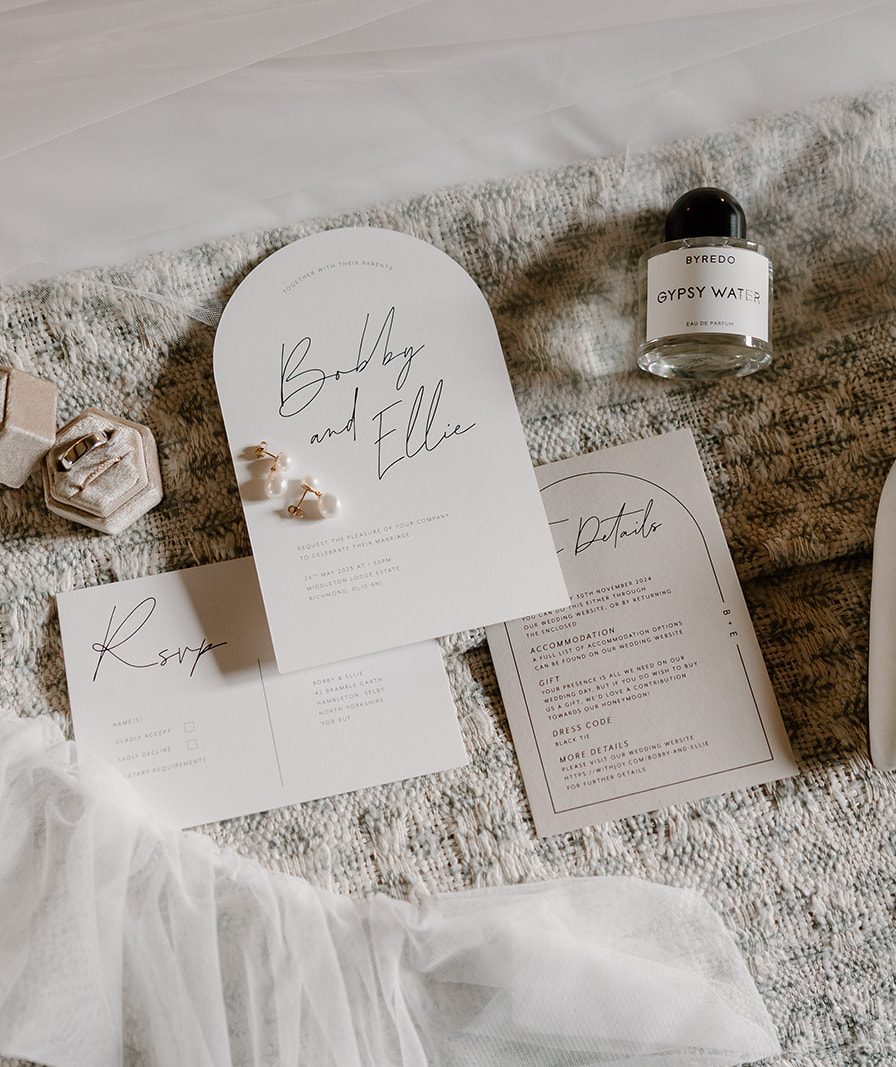Arched wedding invitation suite in black and white with blush coloured details card